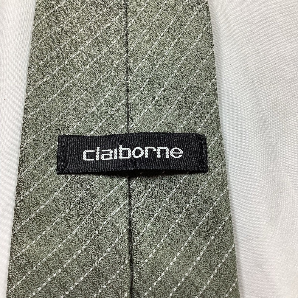 Claiborne Men's Silk Tie Green White Diagonal Stripe Necktie